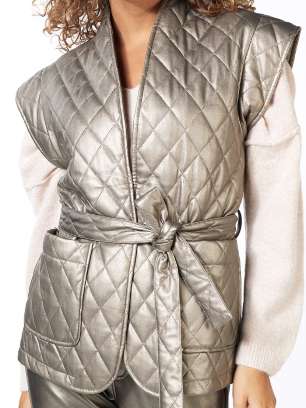 Esqualo Metallic Quilted Faux Leather Belted Vest M/L